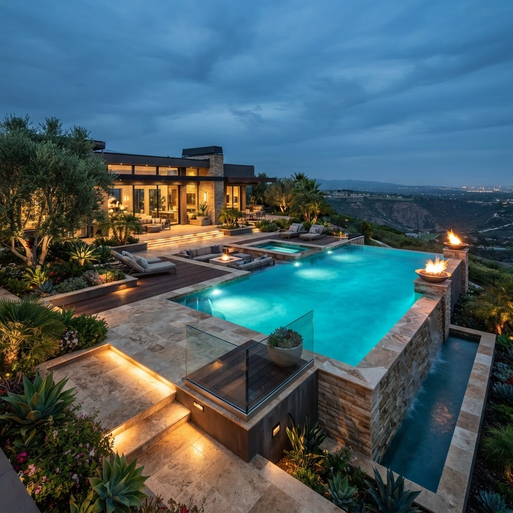 Luxury custom infinity pool at dusk with glowing turquoise water and warm landscape lighting